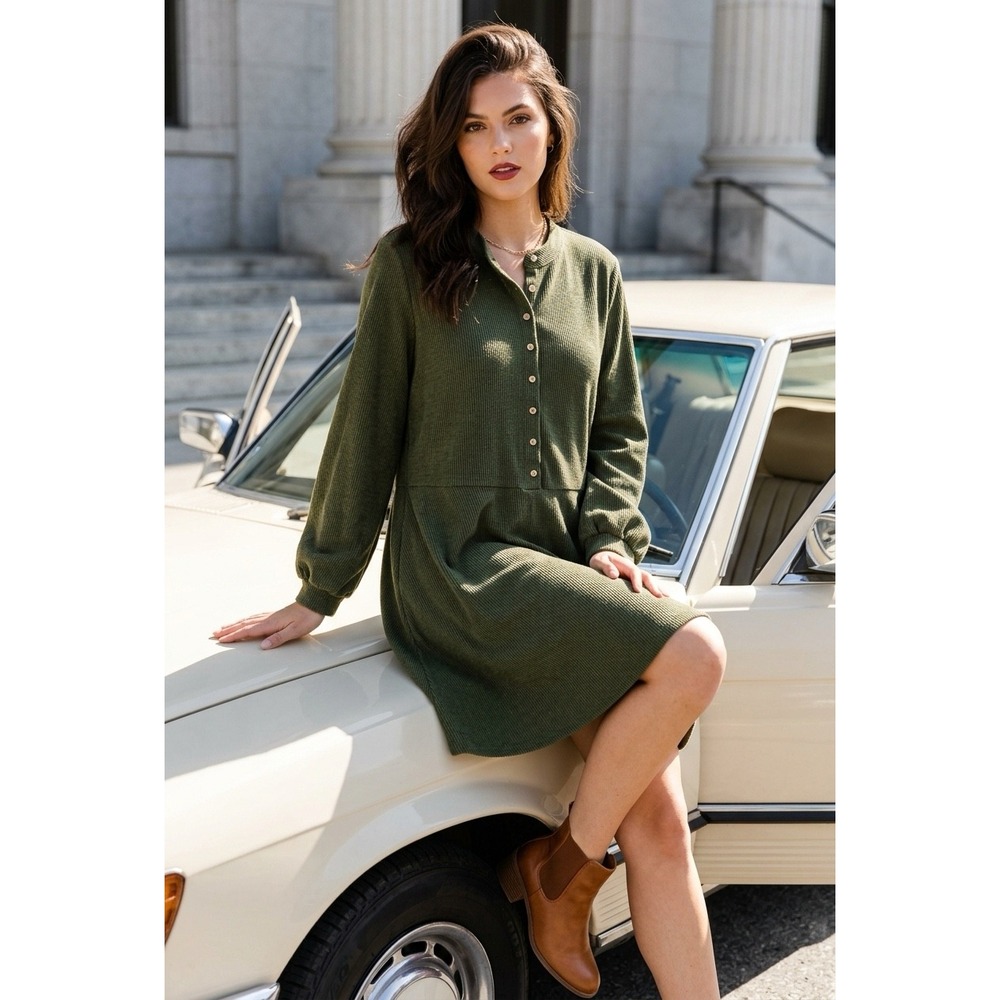 Pink Lily Olive Green Waffle Knit Button Front Mini Dress PL166 Medium